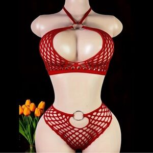Red, Fishnet & Ring, Lingerie Set